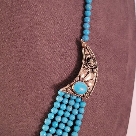 Vintage 900 Silver Turquoise Beaded Bib Boho Statement Necklace - Picture 6 of 11